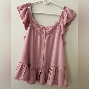 Lucky Brand Dusty Rose Flutter Sleeve Button Front Blouse